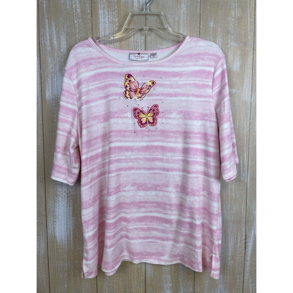 Quacker Factory Size L Pink Tie Dye Embellished Butterflies 1/2 Sleeve Top *read